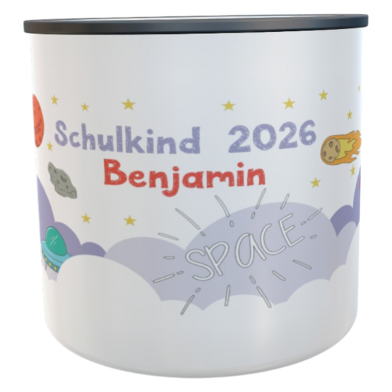 Emaille Tasse Weltall mit Namen Schulkind 2026 Schulkindbecher 
