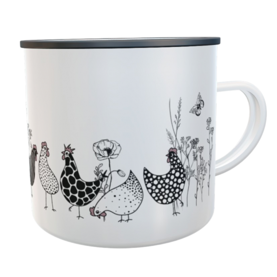 Personalisierte Emaille-Tasse Spruch Hühner 