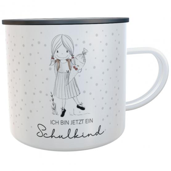 Schulkind-Emaille-Tasse Mädchen Tupfen mit Namen Schulkind 2024 Kindertasse Geschenk zur Einschulung 