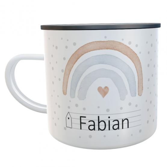 Schulkind-Emaille-Tasse Regenbogen Jungen Tupfen mit Namen Schulkind 2026 Kindertasse Geschenk zur Einschulung 