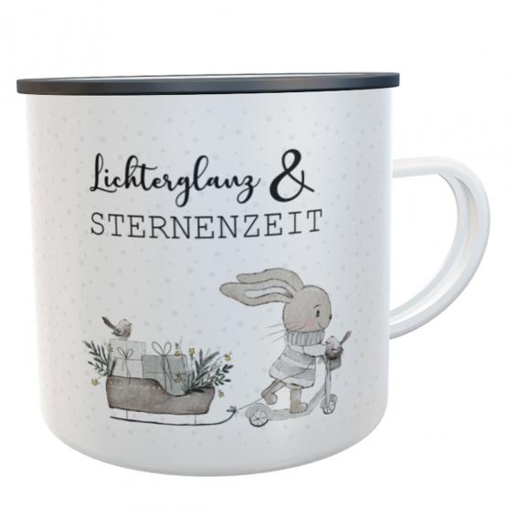personalisierter Kinder-Emaillebecher Hase/Schlitten 