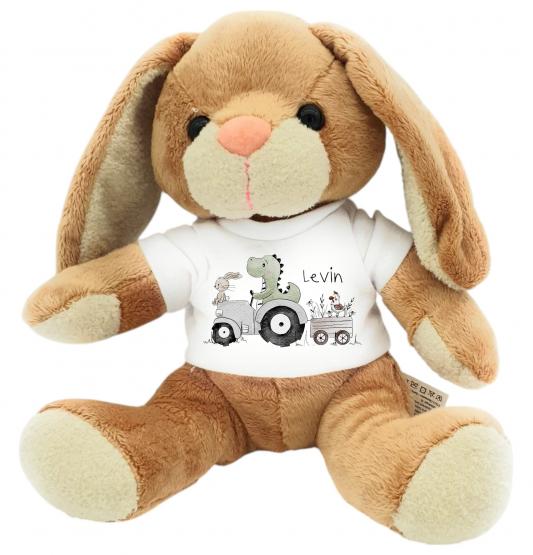 Personalisierter Kuschelhase – Flauschiges Stofftier – Motiv Traktor mit Dino 