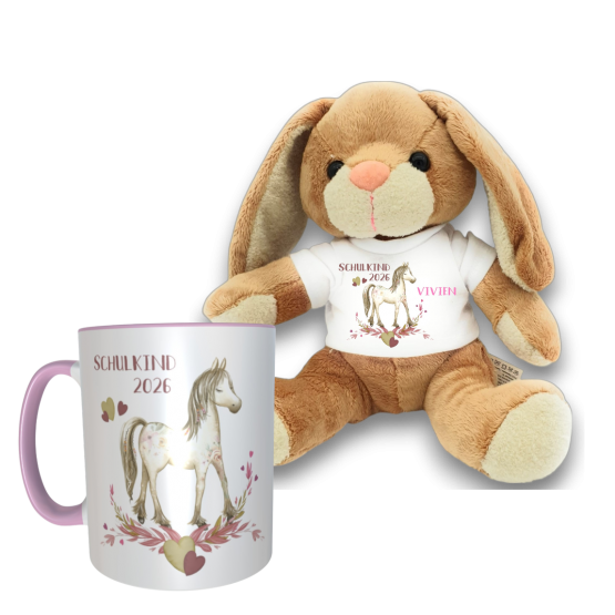 Geschenkset Tasse und Hase Einschulung Pferd mit Namen Schulkind 