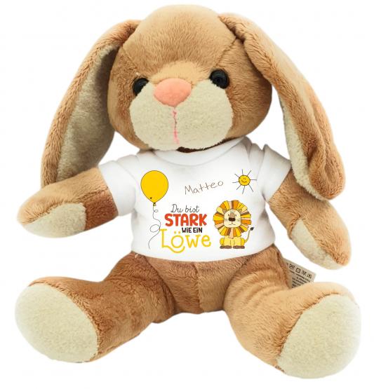 Personalisierter Hase mit Name – Kuscheltier mit Spruch Du bist stark wie ein Löwe 