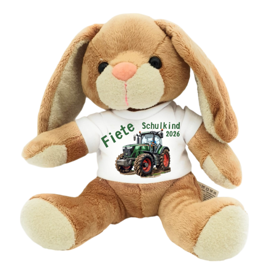Personalisiertes Hase Kuscheltier mit Name & Jahr 2026 – Schulkind Traktor Stofftier 19 cm 