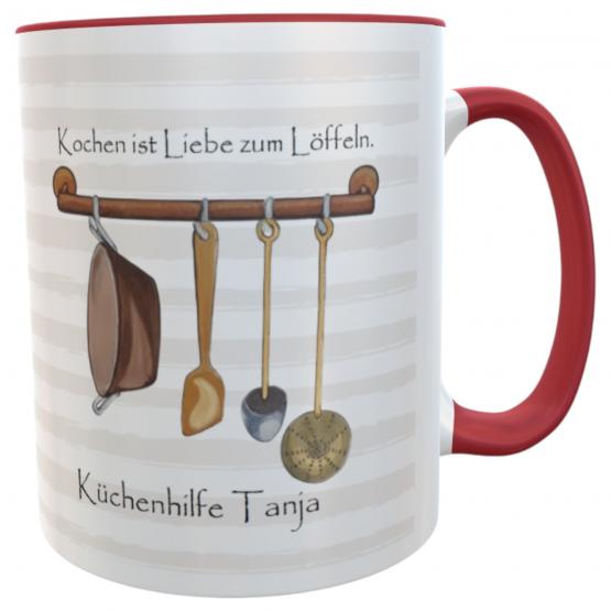 Kaffeetasse Küchenhilfe mit Namen – Rot – Kochen ist Liebe zum Löffeln – Geschenk für Köchinnen & Hobbyköche 