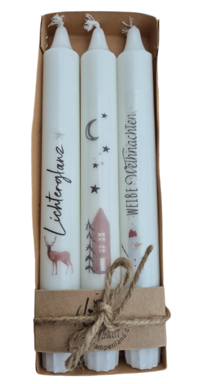 Weihnachtskerzen Set 3er – Stabkerzen mit Sprüchen & Wintermotiven – „Lichterglanz“ – Geschenkidee 