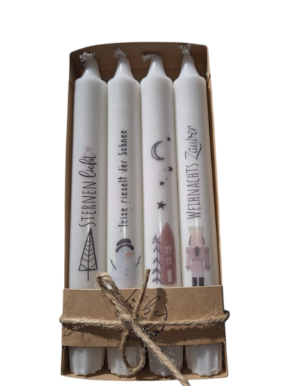 Adventskerzen Set Weihnachten mit Sprüchen & Motiven – 4 Stabkerzen – Geschenkidee – Nussknacker 