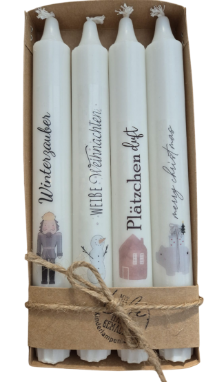 Weihnachtskerzen 4er Set – Stabkerzen mit Sprüchen & Wintermotiven – Winterzauber – Geschenkidee – Hygge Deko 