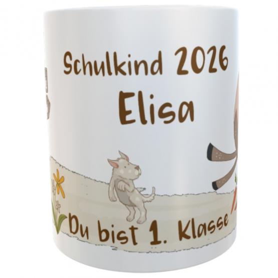 Namenstasse Pferd braun Schulkind 2026 Kindertasse 