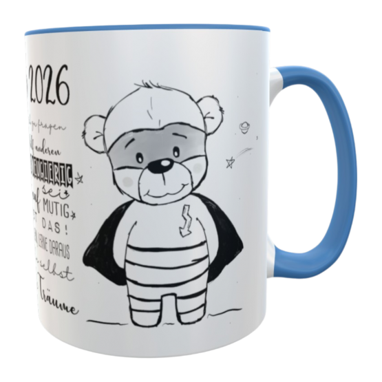 Schulkind Tasse 2026 mit Namen – Superheld Bär & Mutmach-Sprüche blau 