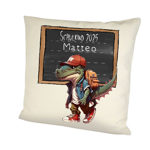 Schulkind 2025 Kissen – Dino-Motiv – personalisierbar mit Name 
