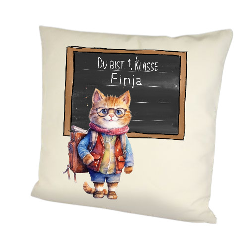 Einschulungskissen „Du bist 1. Klasse“ – Katze stehend – personalisierbar mit Name 