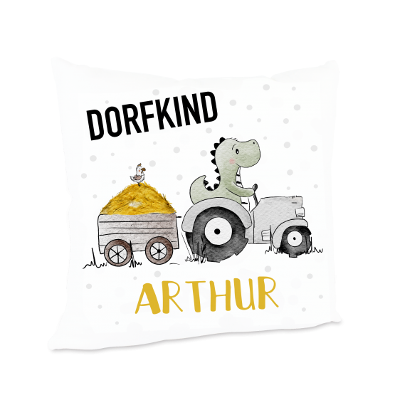 Personalisiertes "Dorfkind" Kissen mit Traktor & Dino Design 