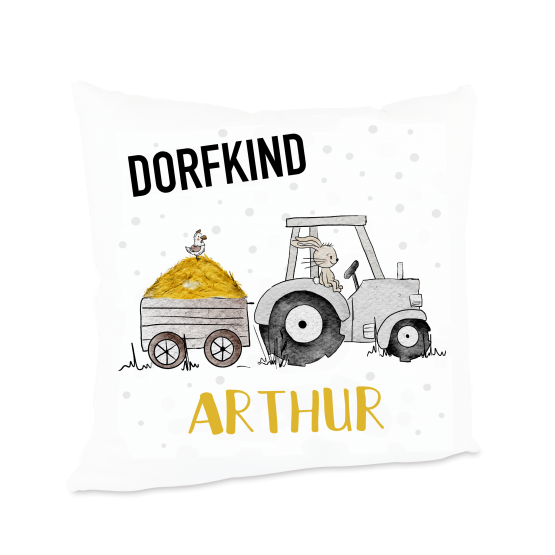 Personalisiertes Kissen Traktor-Hase Spruch Dorfkind 