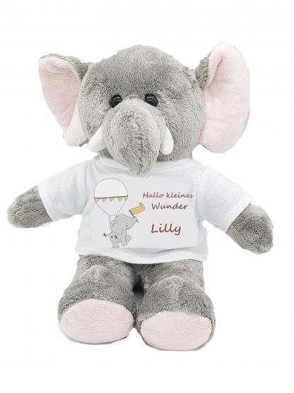 personalisierter Elefant Kuscheltier zur Geburt Hallo kleines Wunder mit Wunschname Ballon 