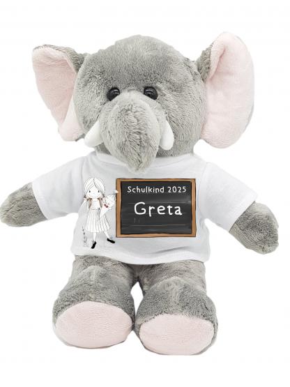 Personalisierter Elefant zur Einschulung 2025 mit nostalgischem Mädchen-Motiv – ideales Geschenk mit Name & Tafel. 