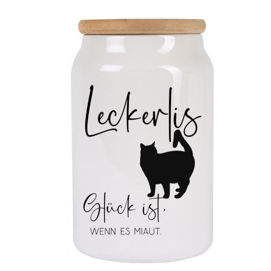 Leckerlidose Katze 650 ml – luftdichte Keramikdose mit Holzdeckel & Silikon – „Glück ist, wenn es miaut“ – Vorratsdose für Katzenfutter & Snacks 