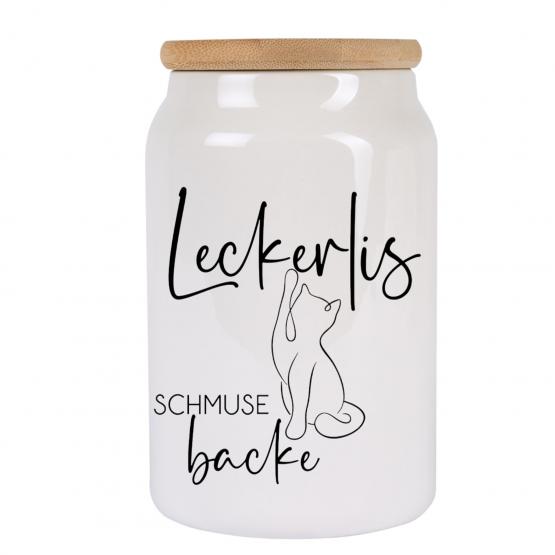 Leckerlidose Katze 650 ml – luftdichte Keramikdose mit Holzdeckel & Silikon – „Schmusebacke“ Design – Aufbewahrungsdose für Katzenleckerlis & Snacks 