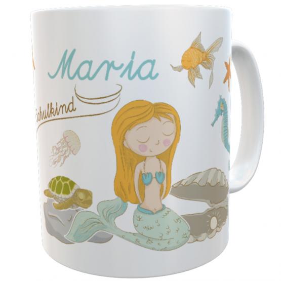 personalisierte Tasse Schulkind Meerjungfrau mit Wunschnamen zur Einschulung 