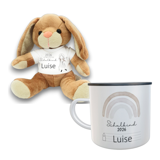 Einschulung Geschenkset für Mädchen: Personalisierte Emaille-Tasse & Plüschhase - für ABC-Schützen 