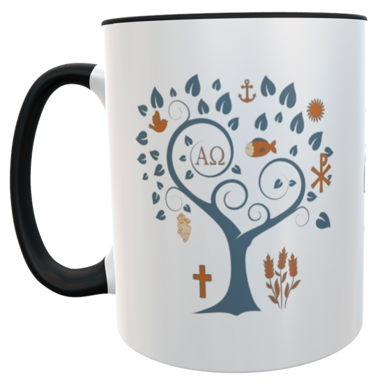 Personalisierte Konfirmationstasse – Lebensbaum & christliche Symbole – Bibelzitat – Geschenk für Konfirmanden 