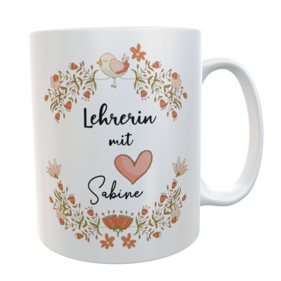 Danke-Tasse Lehrerin weiß Blumenkranz - Abschiedsgeschenk Kindergarten 