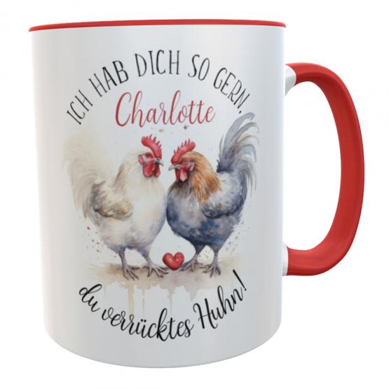Kaffeetasse verrücktes Huhn mit Namen rot 