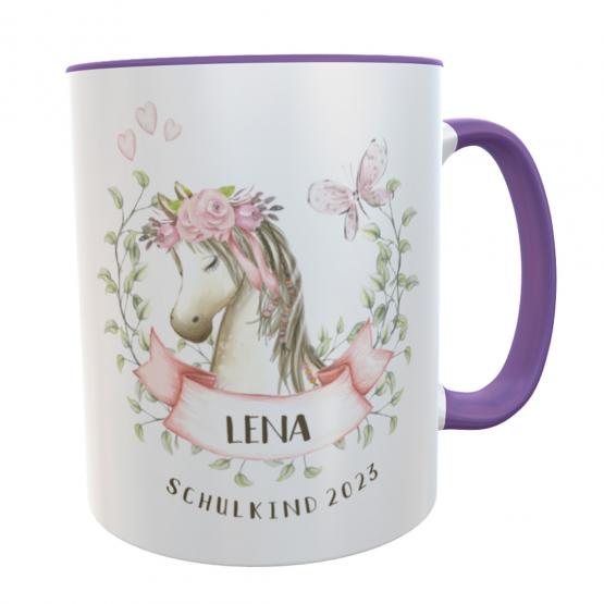 Tasse Pferdekopf lila mit Namen Schulkind 2023 Kindertasse 