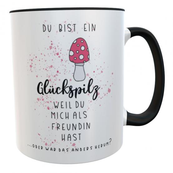 Lustige Kaffeetasse Glückspilz schwarz mit frechem Spruch - Das ideale Geschenk für deine Freundin 
