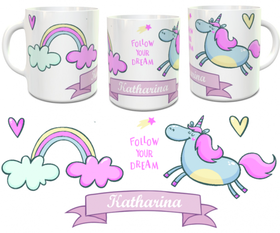 Einhorn-Tasse mit Wunschname - personalisierte Namenstasse pink 