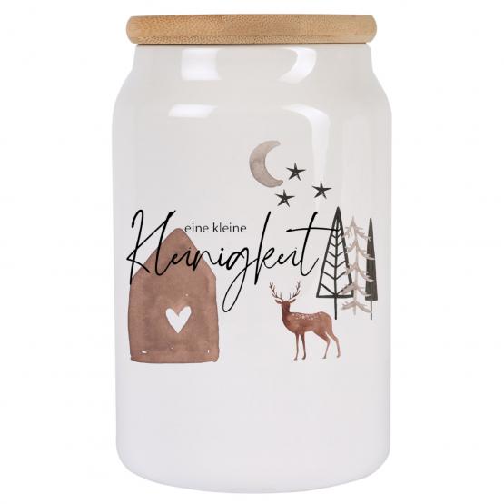 Keksdose Weihnachten Keramik mit Hirsch & Spruch eine kleine Kleinigkeit| Geschenkidee Winter | Plätzchendose 650 ml luftdicht mit Holzdeckel 