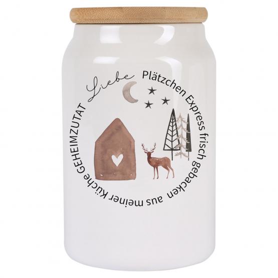 Keksdose Keramik Weihnachten mit Spruch Geheimzutat Liebe| Geschenk für Hobbybäcker | Plätzchendose 650 ml 
