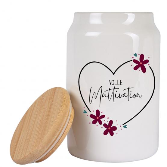 Herz & Humor Keramikdose 650ml – Geschenk mit Bambusdeckel & Aufdruck „Volle Muttivation“ – Süßigkeitendose für Kollegen & Kolleginnen 