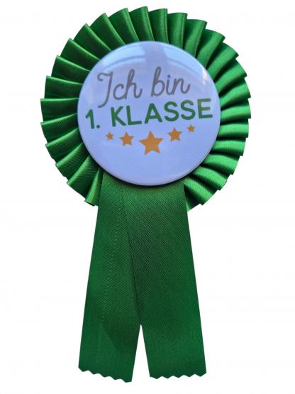 Siegerschleife Einschulung Ich bin 1. Klasse – Ansteckbutton 59mm aus Metall – Schleife aus Stoff – für Schultüte/Zuckertüte 