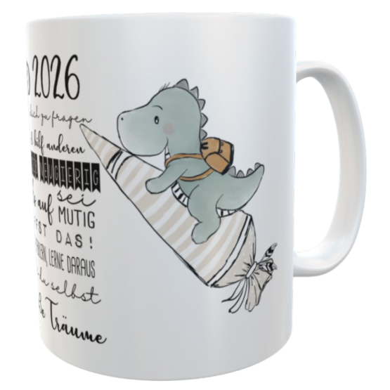 Tasse Schulkind 2026 Dino mit Mutmachsprüchen zur Einschulung Jungen 