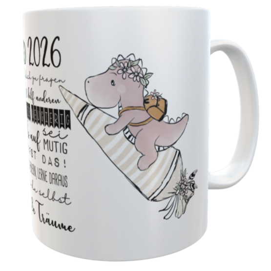 Tasse Schulkind 2026 Dino mit Mutmachsprüchen zur Einschulung Mädchen 