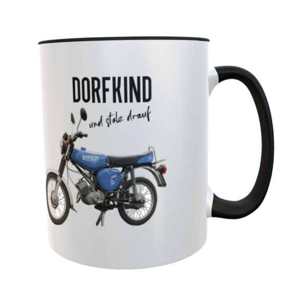 Kaffeetasse „Dorfkind und stolz drauf“ mit Simson-Motiv blau– Keramiktasse mit schwarzem Henkel 