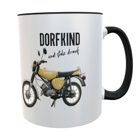 Kaffeetasse „Dorfkind und stolz drauf“ mit Simson-Motiv gelb – Keramiktasse mit schwarzem Henkel 