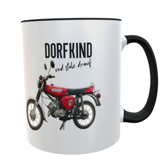 Kaffeetasse „Dorfkind und stolz drauf“ mit Simson-Motiv rot – Keramiktasse mit schwarzem Henkel 