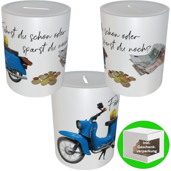 Simson Schwalbe Spardose mit Spruch „Fährst du schon oder sparst du noch?“ – Geldgeschenk & Motivation für Moped-Fans, Führerschein & Tuning 