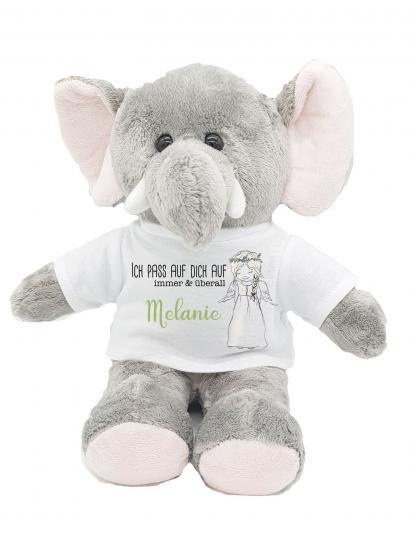 Personalisierter kuscheliger Elefant mit Schutzengel und Blumenkranz 