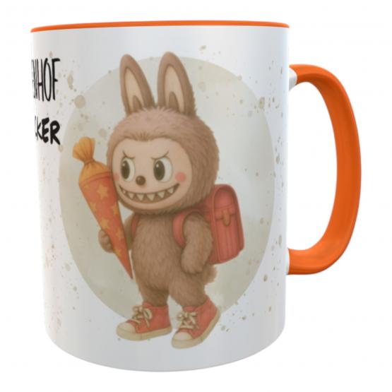 Personalisierte Tasse Schulkind 2026 mit Monster Motiv La Bu – Geschenk zur Einschulung mit Name – Keramiktasse für Jungen & Mädchen – Orange 