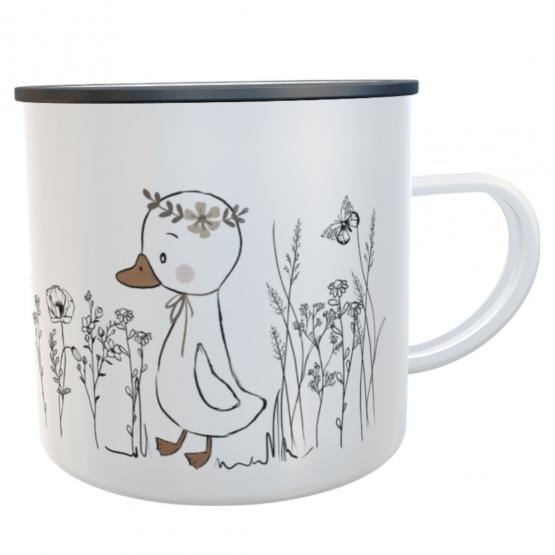 Personalisierte Emaille-Tasse mit Name – Design Ente & Blumenwiese 