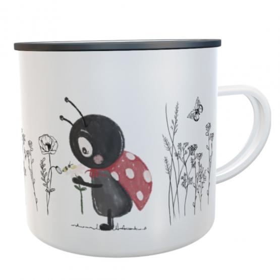 Personalisierte Emaille-Tasse mit Name – Design Blumenwiese & Marienkäfer 