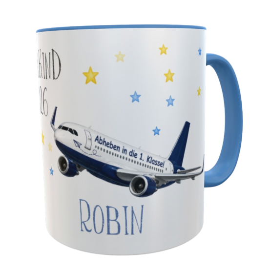 Personalisierte Schulkindtasse Flugzeug Blau mit Wunschname – Schulkind 2026 Pilot Pilotin 
