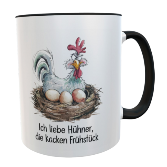 Hühner Tasse 330 ml – Lustiger Spruch Becher Frühstück Humor Kaffeetasse spülmaschinenfest mit schwarzem Henkel 