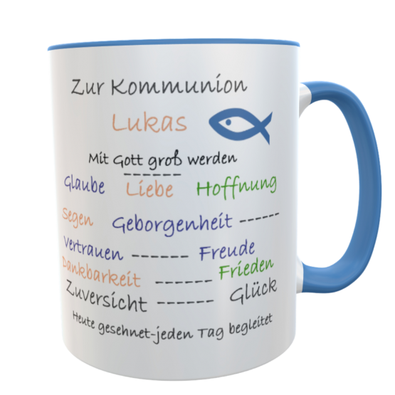 Tasse zur Kommunion mit Name – personalisierbarer 330 ml Becher mit christlichen Worten 
