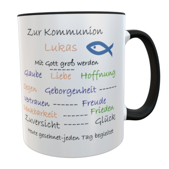 Tasse zur Kommunion mit Name – personalisierter Keramikbecher mit christlichen Worten – schwarz 