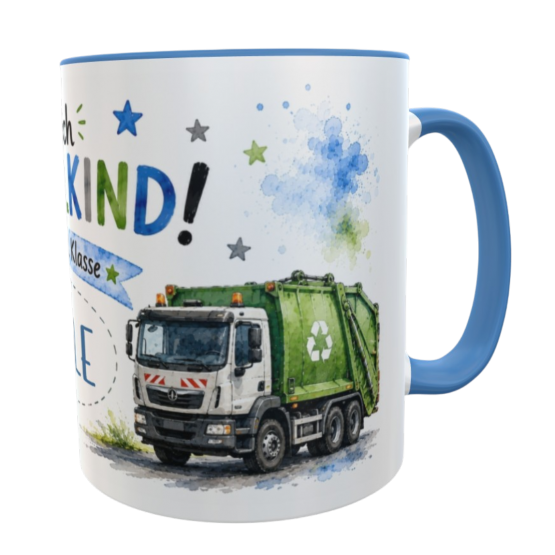Personalisierte Einschulungstasse Müllauto – Endlich Schulkind 2026 mit Wunschname 330 ml Keramiktasse für Jungen 